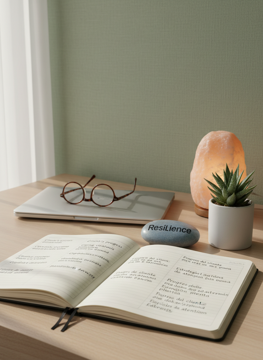 A clean, modern therapist’s desk with no people, featuring an open notebook filled with neatly written session reflections in both English and Spanish, a smooth river stone with the word “Resilience” engraved, and a small potted succulent in a matte white pot. A closed laptop, a pair of simple reading glasses, and a softly glowing salt lamp sit further back, adding warmth. The desk rests against a muted sage green wall with a subtle texture. Soft morning natural light streams in from the left, creating delicate highlights on the notebook pages. Photographic realism, shot from a slightly elevated angle with balanced composition, evoking a grounded, organized, and compassionate professional space.