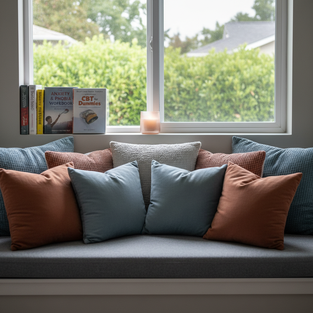 A serene corner of a therapy room with no people, highlighting a cozy reading nook designed for reflection. A cushioned window seat in soft gray fabric is layered with textured throw pillows in muted blues and terracotta tones. On the windowsill, a few carefully chosen books on anxiety, trauma, and CBT lean against a small candle in a frosted glass holder. Outside the window, blurred greenery suggests a quiet, safe neighborhood. Overcast daylight filters in, creating a gentle, even glow with almost no harsh shadows. Photographic realism, captured at an angle that emphasizes depth and comfort, with a calm, healing, and introspective mood.